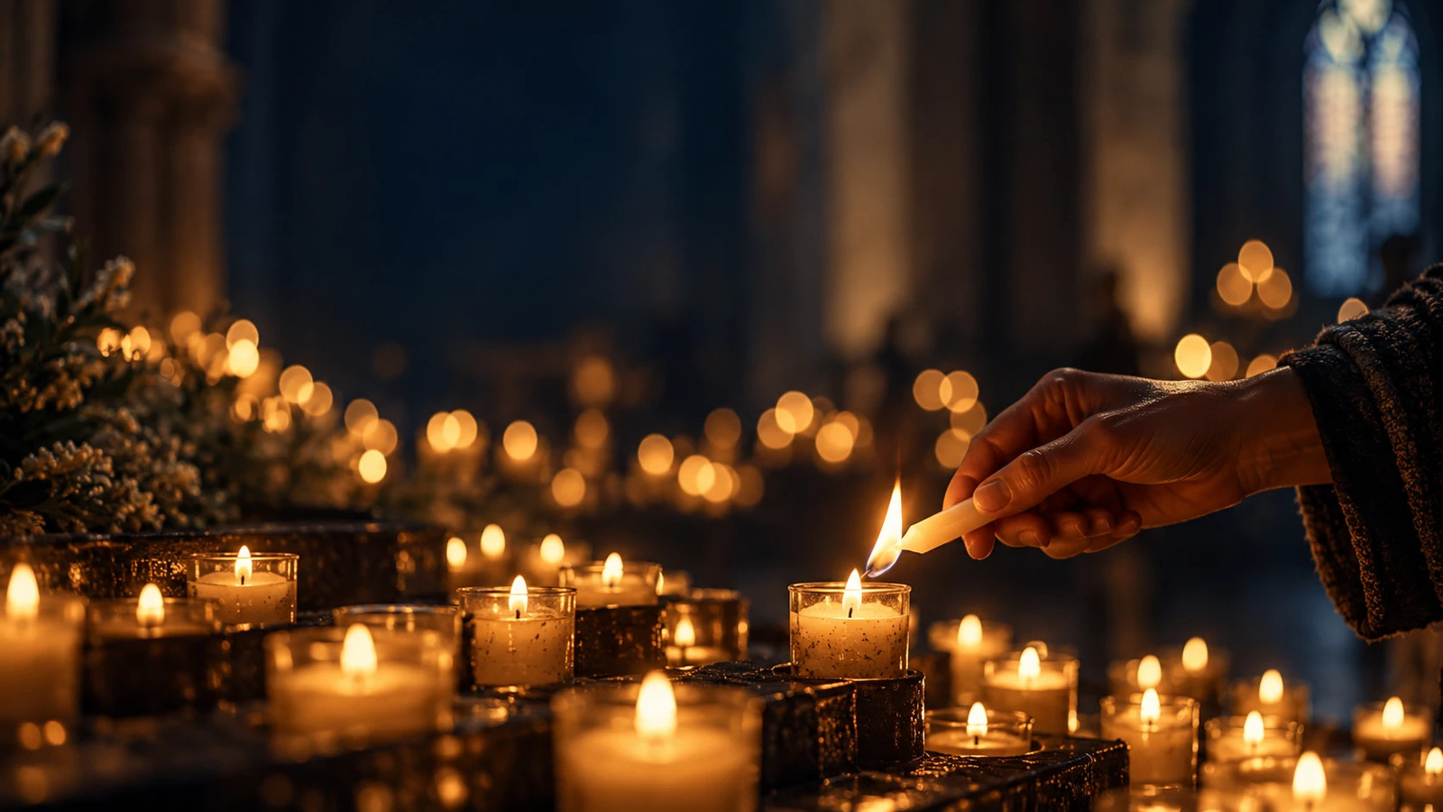 A hand lighting one more candle among many glowing candles, representing service among equals.
