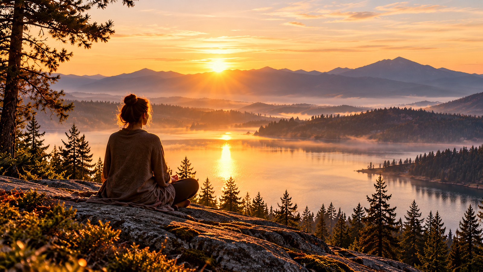 A person sitting in meditation on a rock above a misty lake at sunrise.