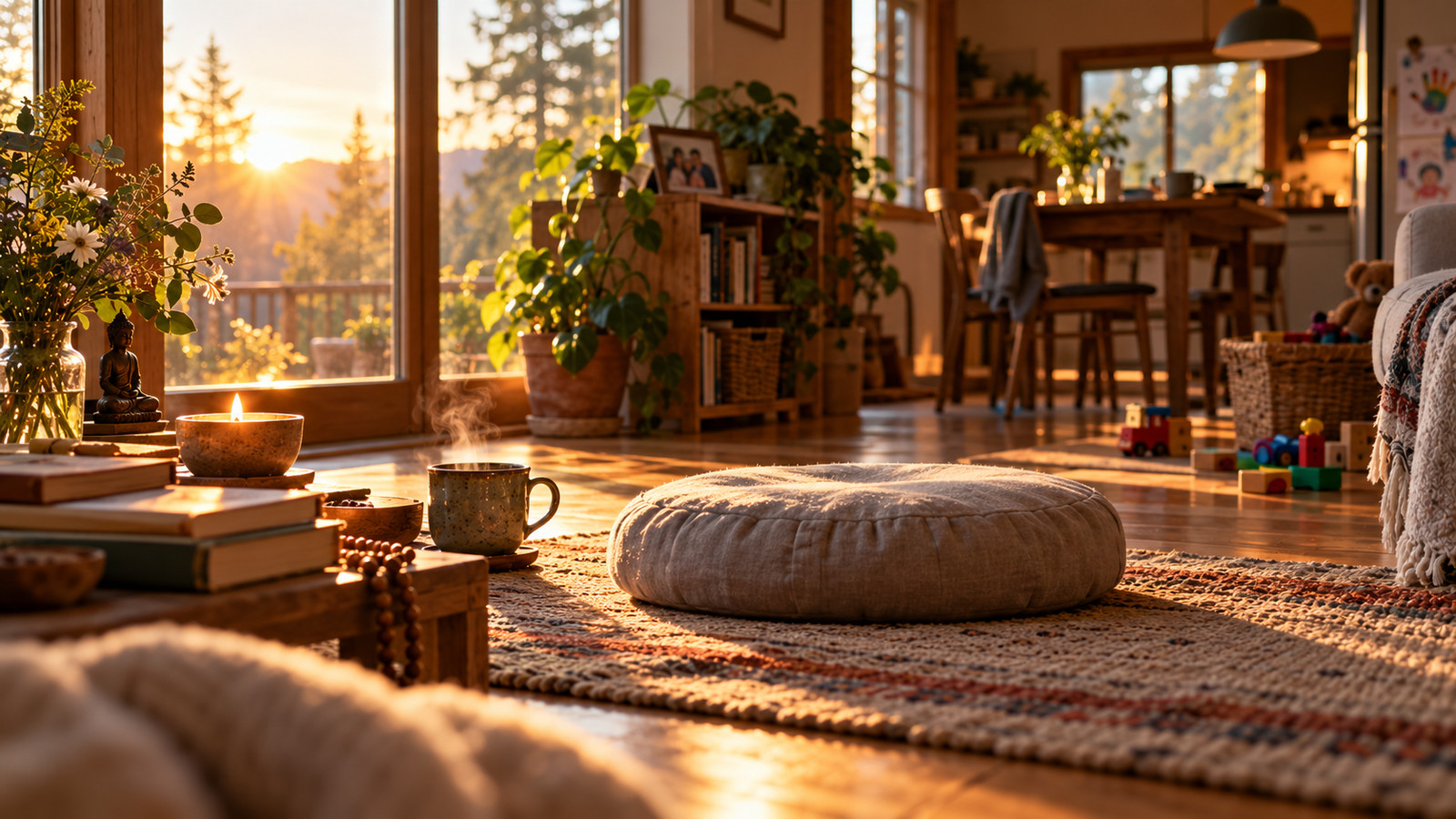 Soft morning light entering a peaceful home with a simple meditation space.