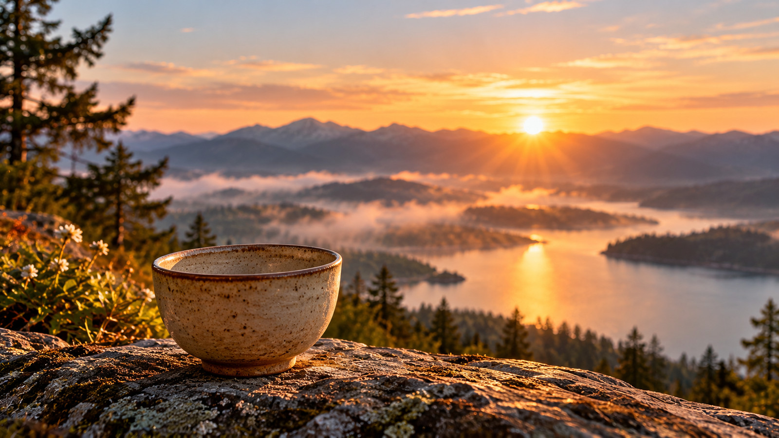 A handmade ceramic bowl resting on a rock at a mountain overlook at sunrise, above a misty forest and lake.