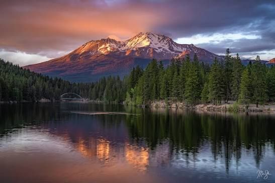 Mount Shasta at sunset reflected perfectly in a still lake