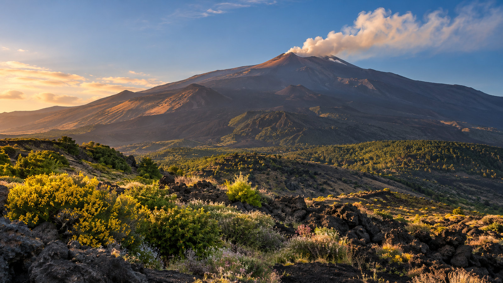 Mount Etna with a plume of smoke above its summit, seen across a volcanic landscape