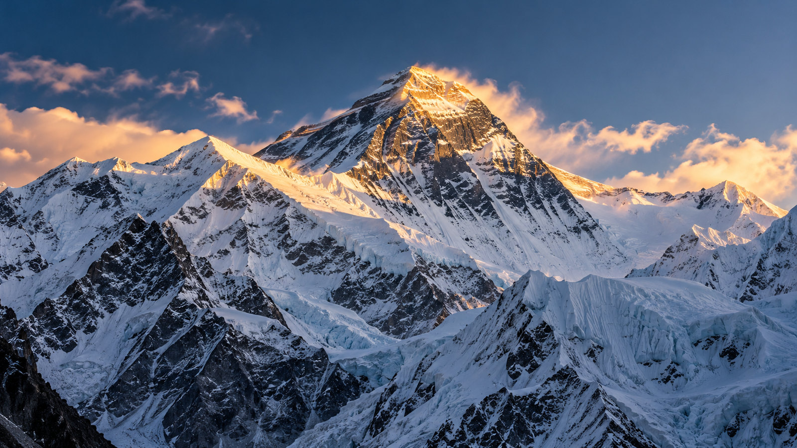 Mount Everest and the surrounding snow peaks lit by golden light