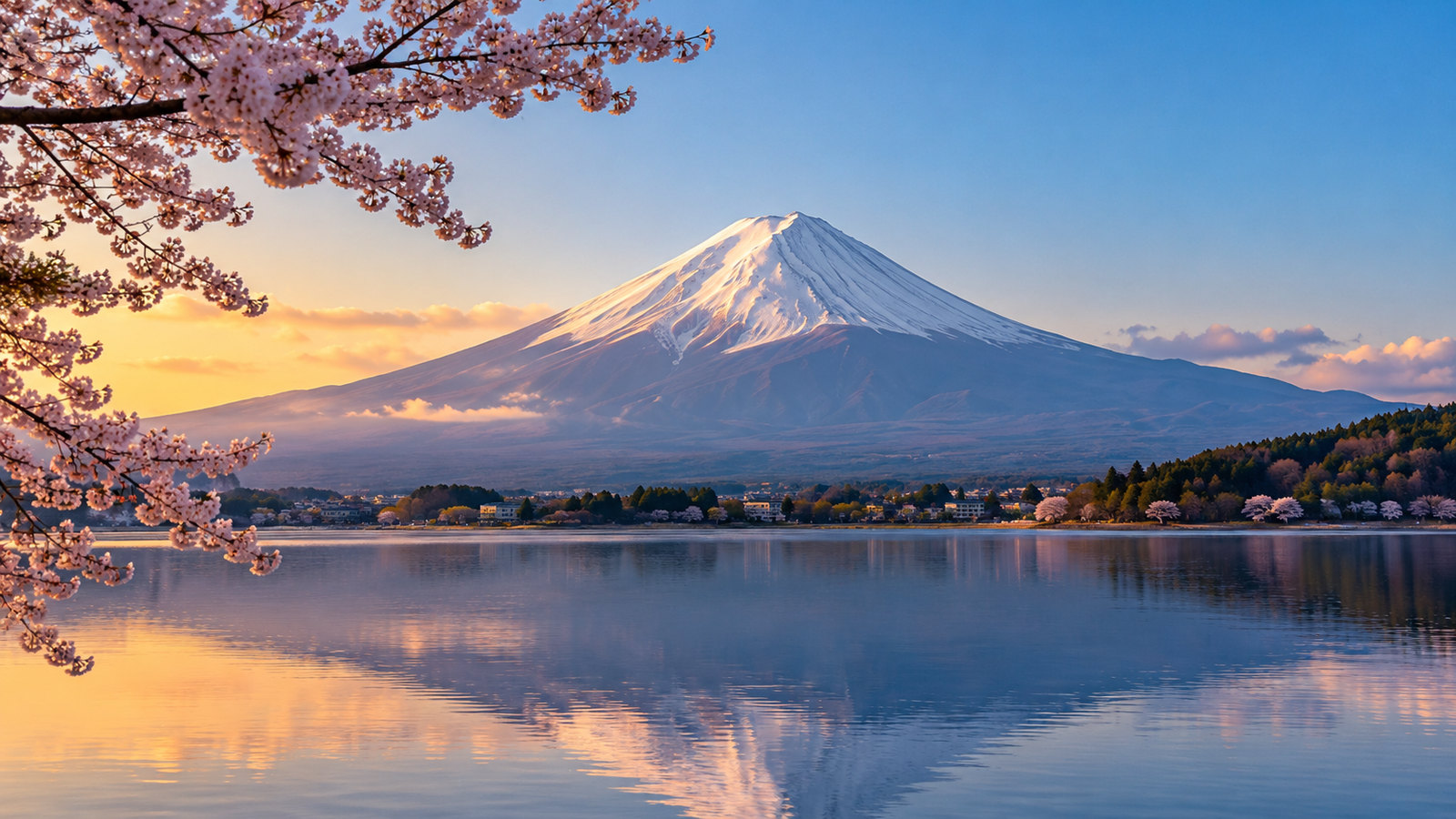 Mount Fuji reflected in a calm lake, framed by cherry blossoms
