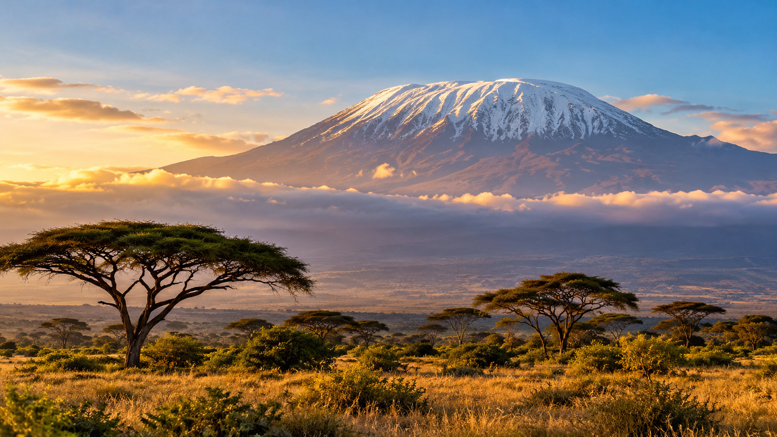 Mount Kilimanjaro with its snow-capped summit above the African plains and acacia trees