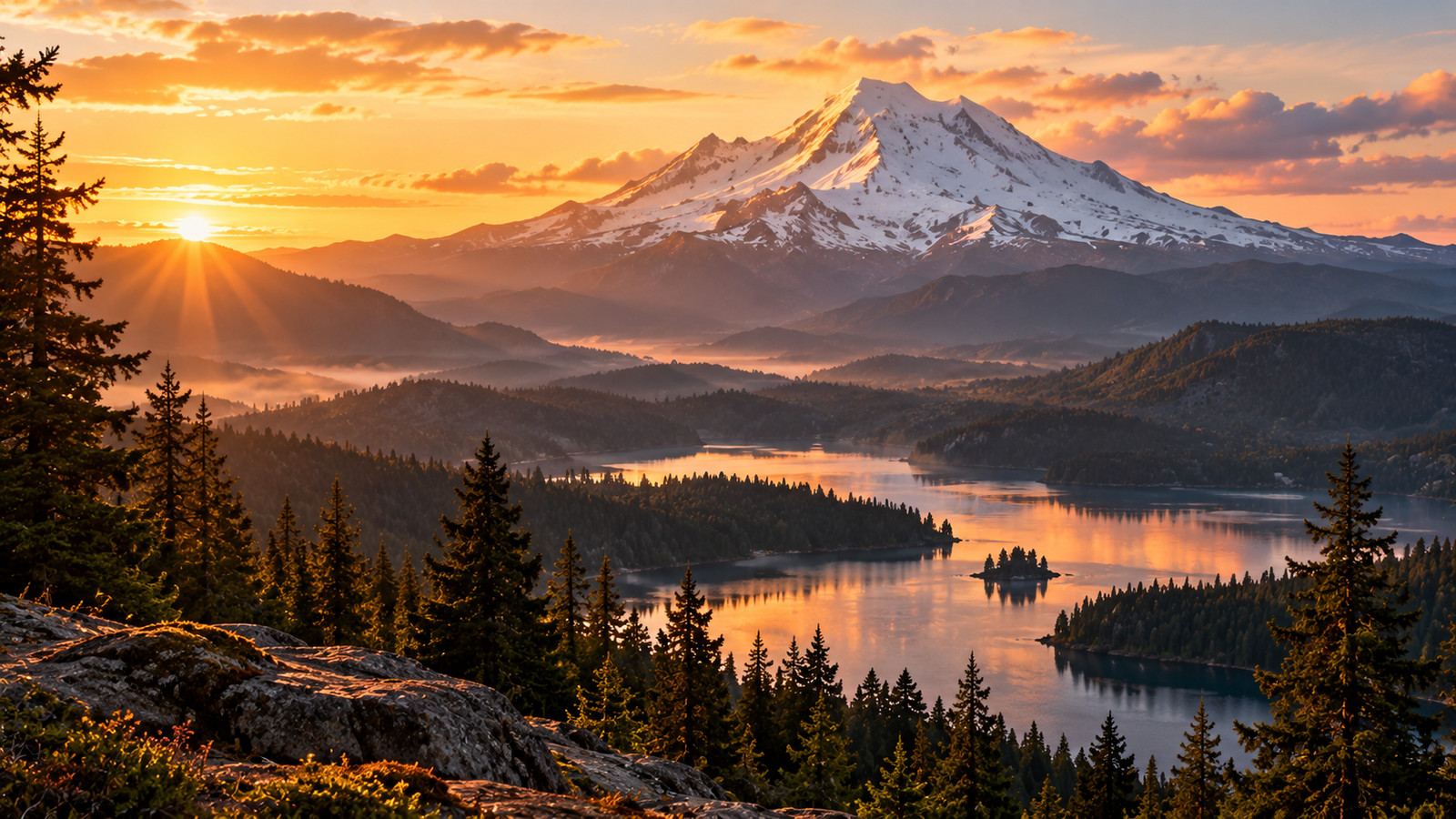 A snow-capped mountain glowing at sunrise above a forested lake.