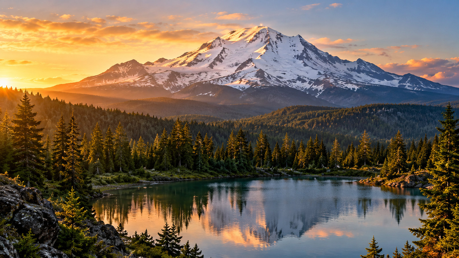 Snow-capped Mount Shasta glowing at sunrise above a forest and a still lake