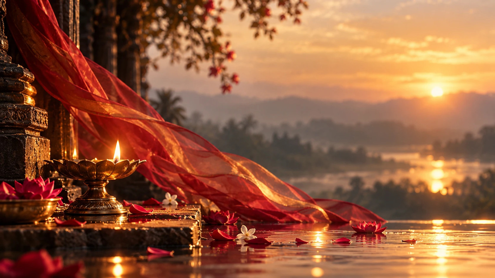 A brass lotus-shaped oil lamp glowing beside red silk and floating petals at sunrise, a symbol of the Divine Feminine.