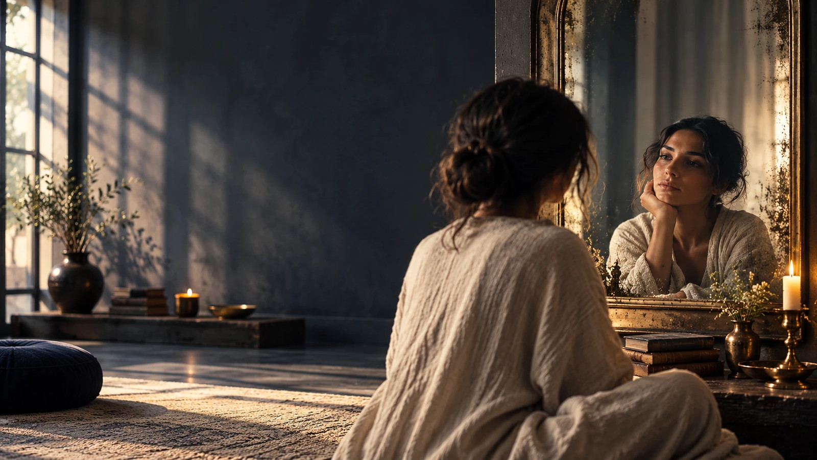A person seated in a quiet room, looking at her reflection in an antique mirror, with candles and a meditation cushion nearby.